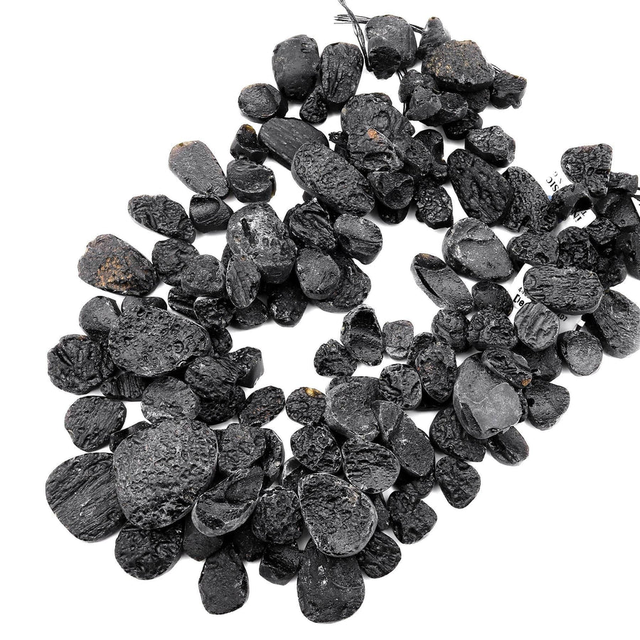 Natural Black Tektite From Tibet Freeform Teardrop Beads Side Drilled Real Genuine Meteorite Cosmic Gems Rough Raw Gemstone 15.5" Strand