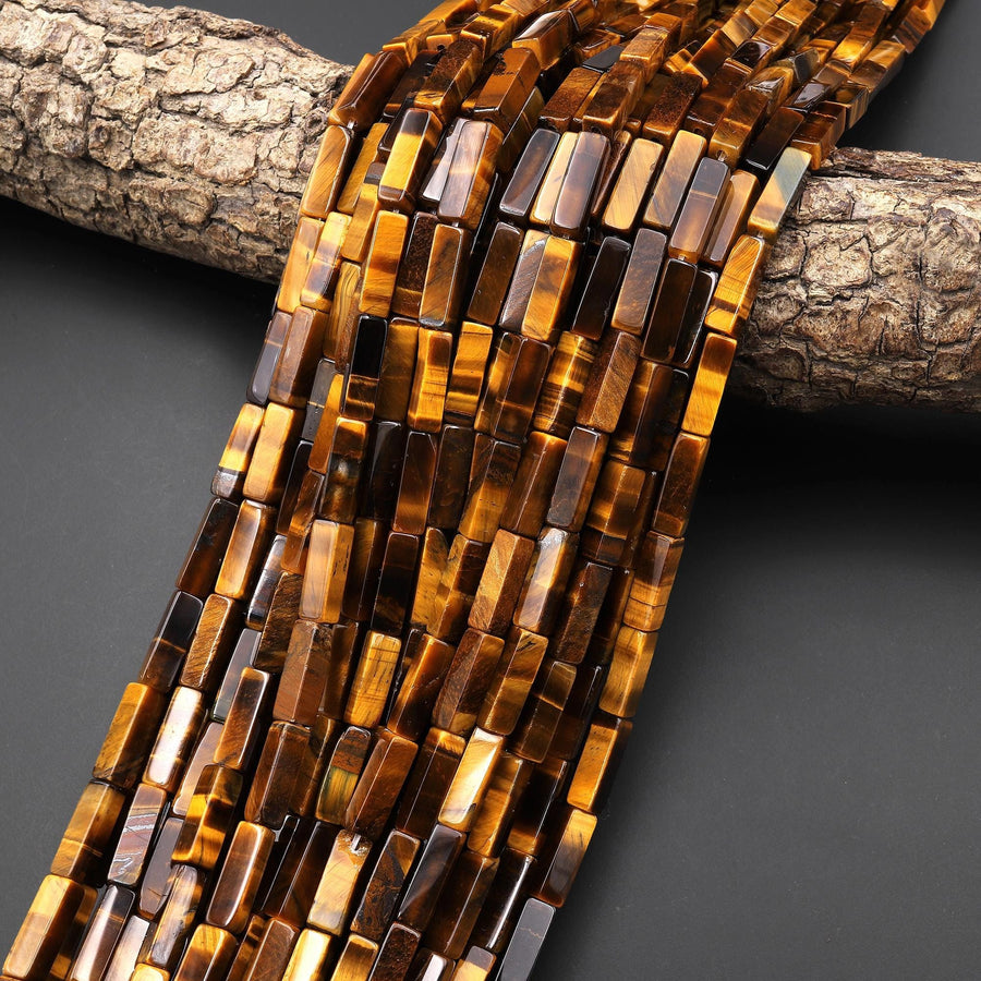 Natural Tiger's Eye Thin Long Rectangle Tube Beads 15.5" Strand