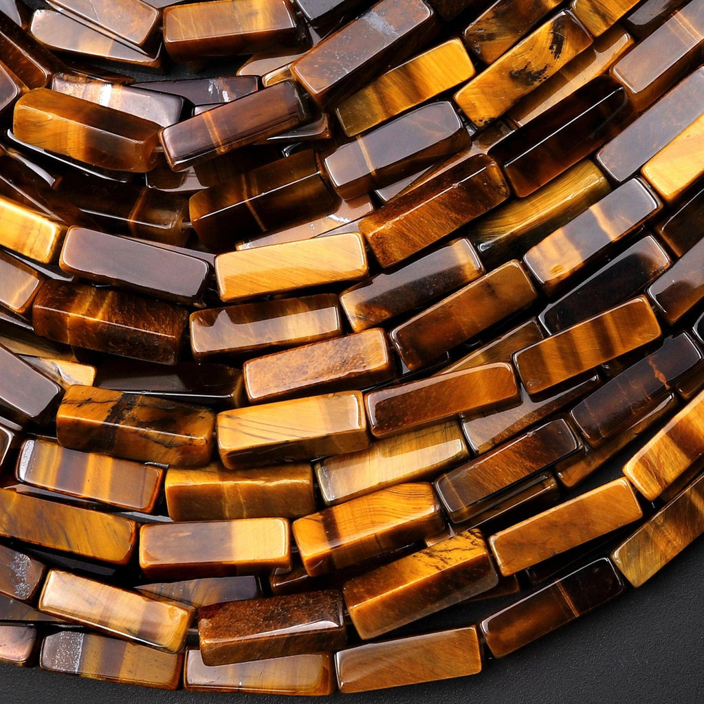 Natural Tiger's Eye Thin Long Rectangle Tube Beads 15.5" Strand