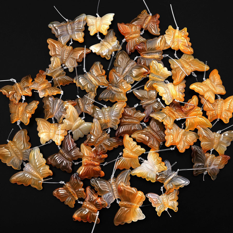 Hand Carved Natural Yellow Brown Orange Carnelian Butterfly Earring Pair Drilled Gemstone Matched Beads