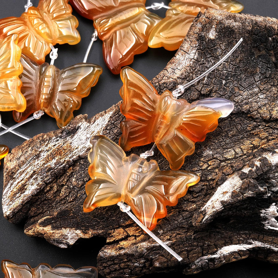 Hand Carved Natural Yellow Brown Orange Carnelian Butterfly Earring Pair Drilled Gemstone Matched Beads