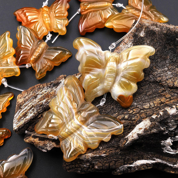 Hand Carved Natural Yellow Brown Orange Carnelian Butterfly Earring Pair Drilled Gemstone Matched Beads A3