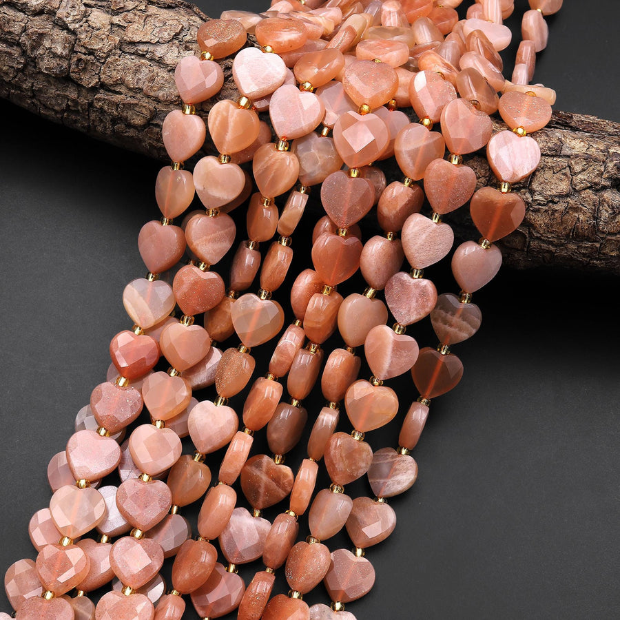 Faceted Natural Peach Moonstone Heart Beads 12mm Gemstone 15.5" Strand