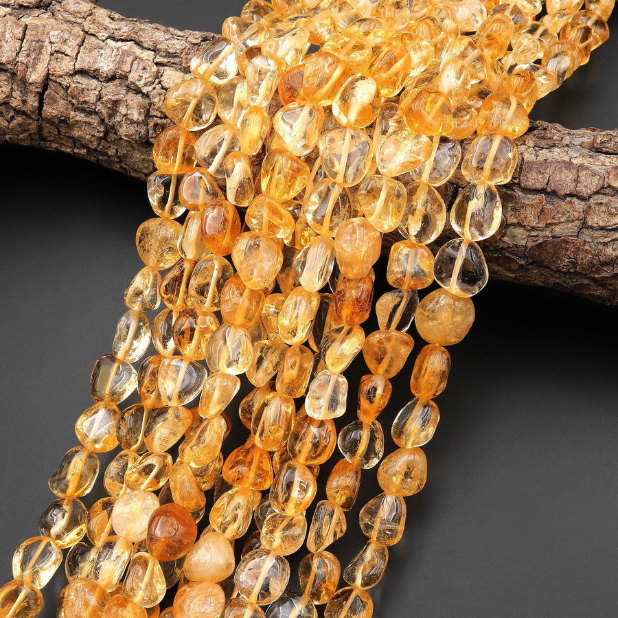 Natural Golden Yellow Citrine Beads Freeform Oval Pebble Nugget Gemstone 15.5" Strand