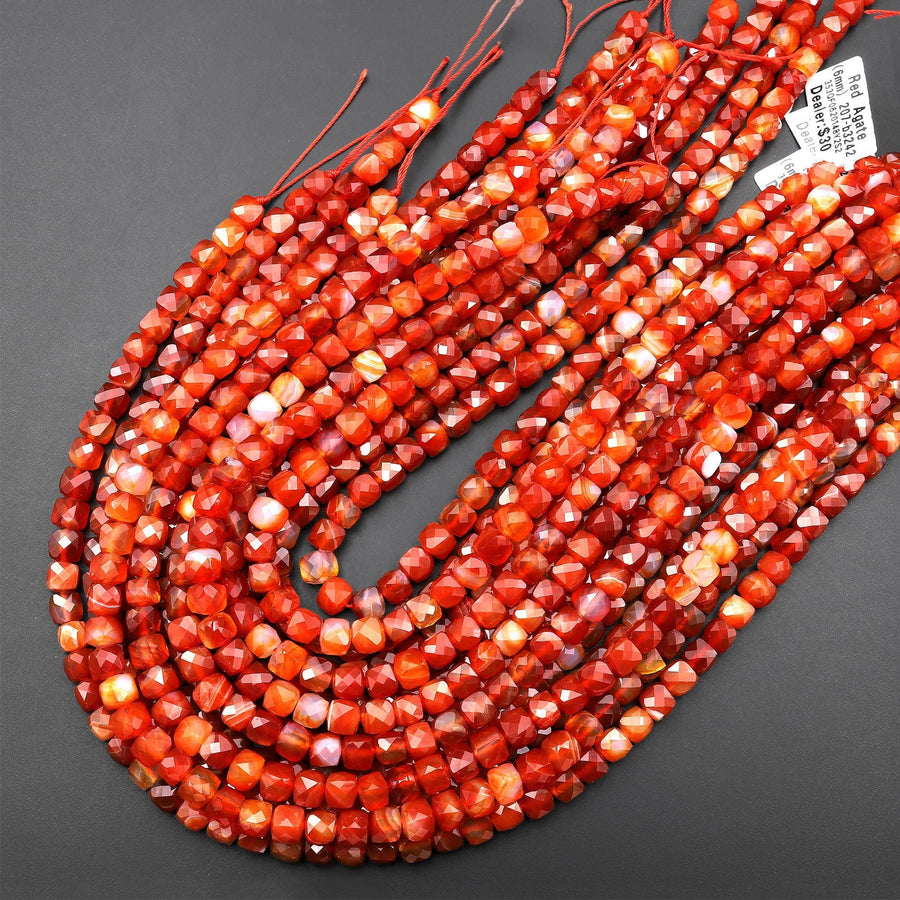 Faceted Natural Red Agate 6mm Faceted Cube Beads 15.5" Strand