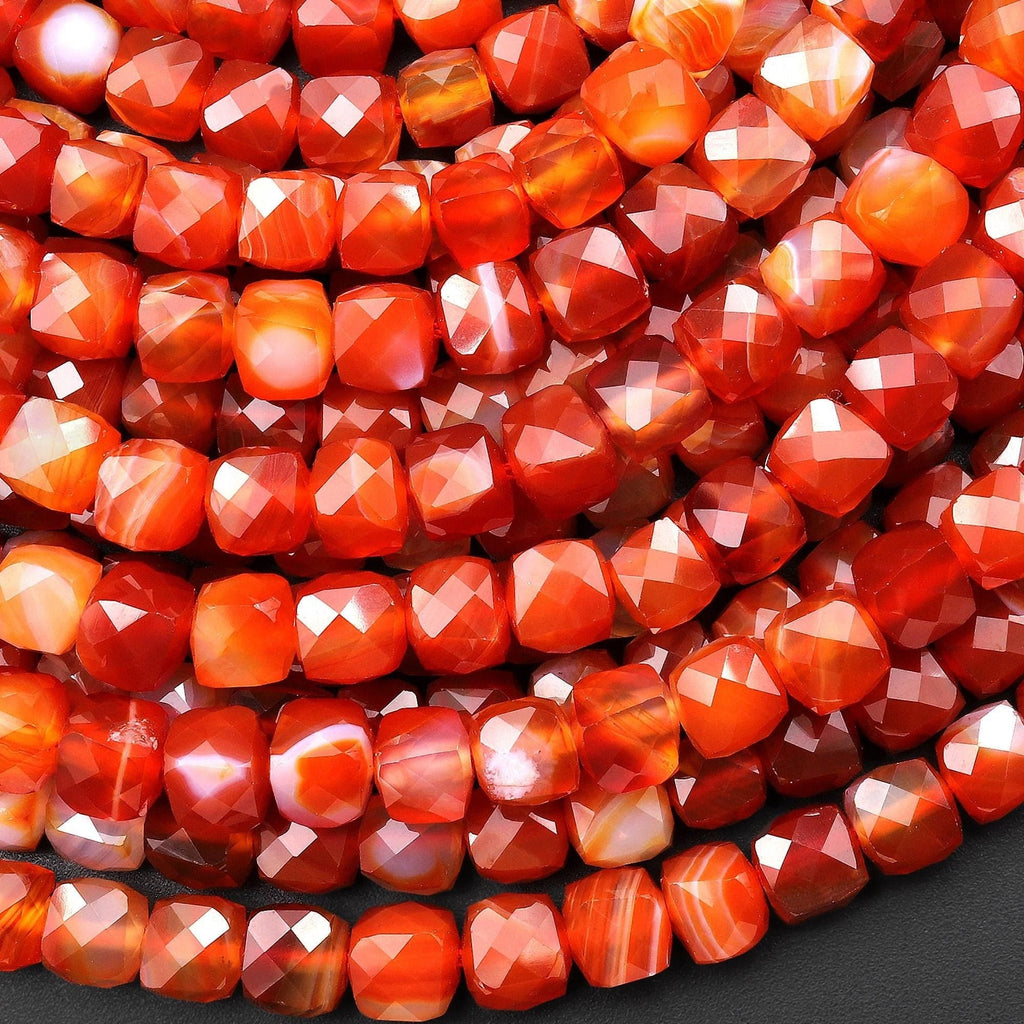 Faceted Natural Red Agate 6mm Faceted Cube Beads 15.5" Strand