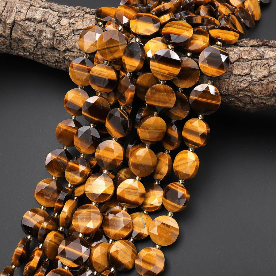 AAA Chatoyant Faceted Natural Golden Brown Tiger's Eye 14mm 15mm Coin Beads Gemstone 15.5" Strand