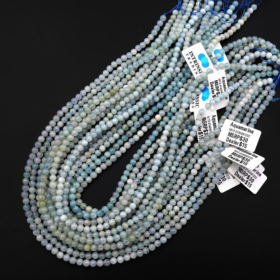 Natural Aquamarine 4mm Smooth Round Gemstone Beads 15.5" Strand