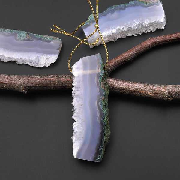 Natural Green Moss Agate Druzy Pendant Side Drilled Rectangle A1