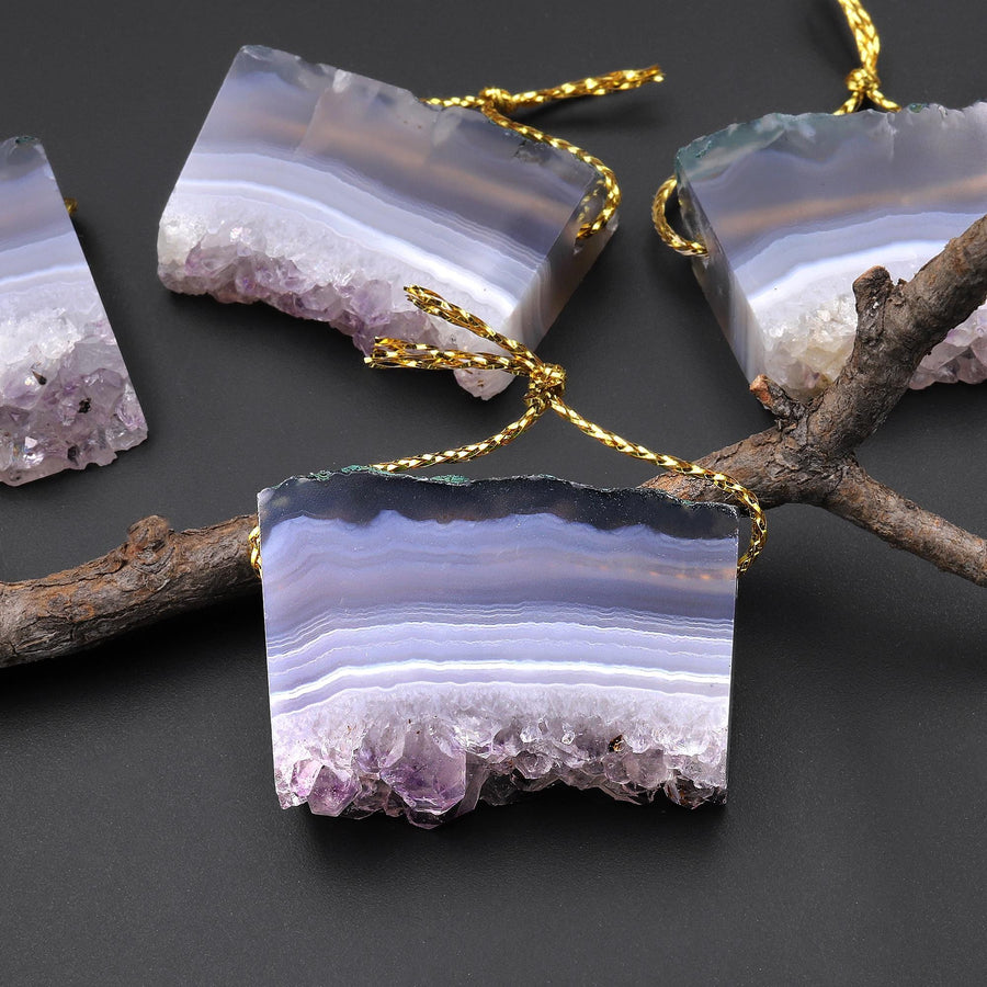 Natural Green Moss Agate Druzy Pendant Side Drilled Rectangle Slice W/ Purple Crystals