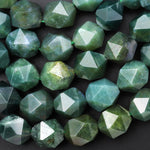 Natural Indian Green Agate Beads Faceted 12mm Star Cut Rounded Nugget 15.5" Strand