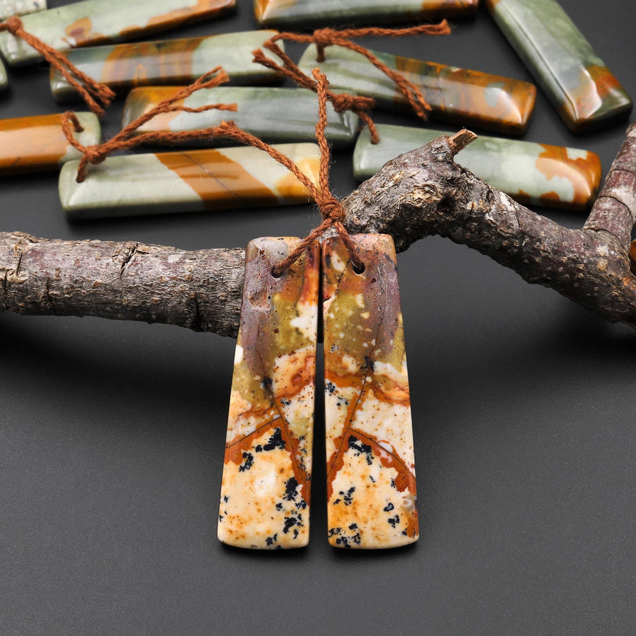 From Oregon Natural Owyhee Picture Jasper Rectangle Earrings Drilled Matched Gemstone Beads Pair A8