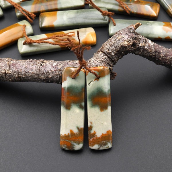 From Oregon Natural Owyhee Picture Jasper Rectangle Earrings Drilled Matched Gemstone Beads Pair A11