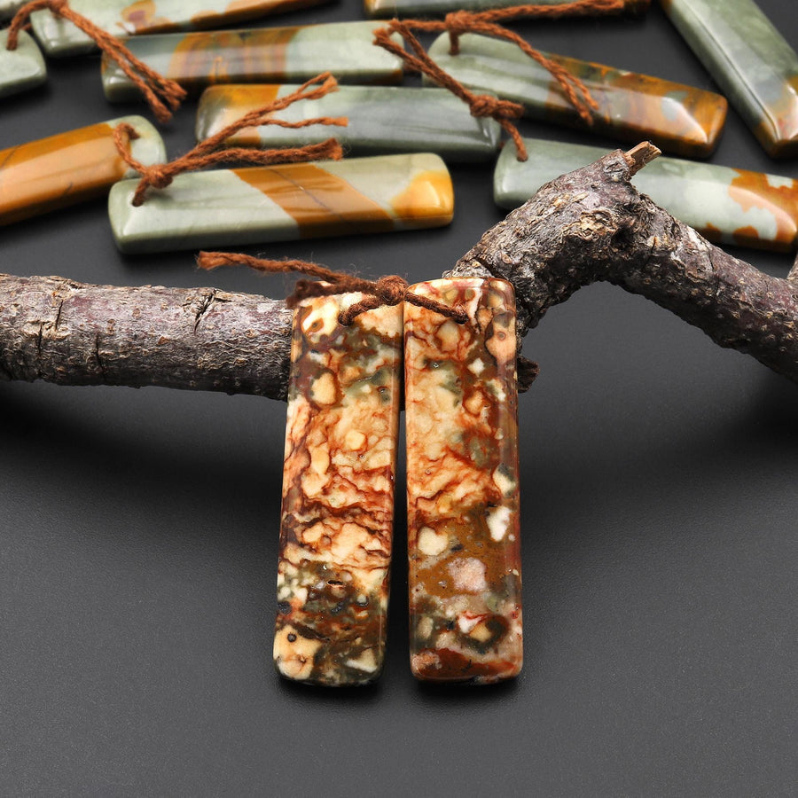 From Oregon Natural Owyhee Picture Jasper Rectangle Earrings Drilled Matched Gemstone Beads Pair A15