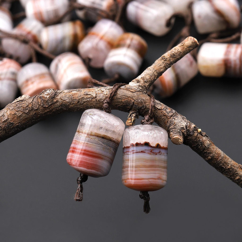 Rare Natural Rainbow Amethyst Earring Pair Matched Short Cylinder Tube 14x10mm Gemstone Beads W/ Amazing Veins Bands A2