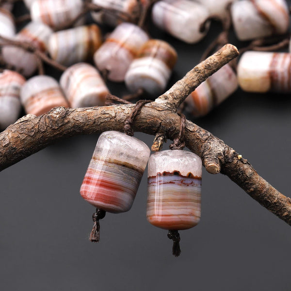 Rare Natural Rainbow Amethyst Earring Pair Matched Short Cylinder Tube 14x10mm Gemstone Beads W/ Amazing Veins Bands A2