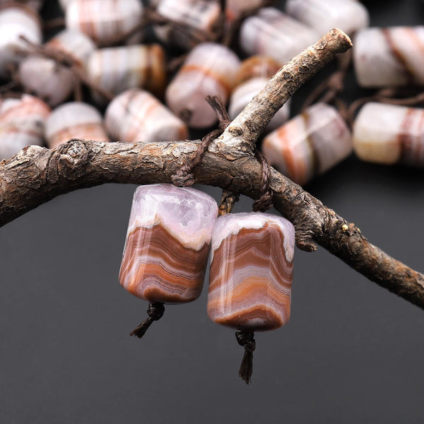 Rare Natural Rainbow Amethyst Earring Pair Matched Short Cylinder Tube 14x10mm Gemstone Beads W/ Amazing Veins Bands A3