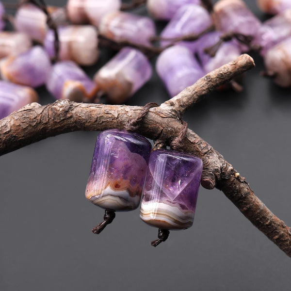 Rare Natural Rainbow Purple Amethyst Earring Pair Matched Short Cylinder Tube 14x10mm Gemstone Beads W/ Amazing Veins Bands A2