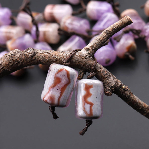 Rare Natural Rainbow Purple Amethyst Earring Pair Matched Short Cylinder Tube 14x10mm Gemstone Beads W/ Amazing Veins Bands A3