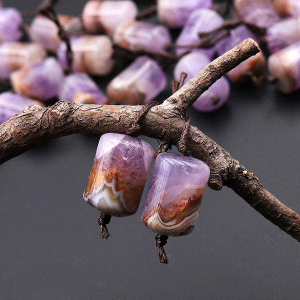 Rare Natural Rainbow Purple Amethyst Earring Pair Matched Short Cylinder Tube 14x10mm Gemstone Beads W/ Amazing Veins Bands A5
