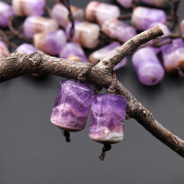Rare Natural Rainbow Purple Amethyst Earring Pair Matched Short Cylinder Tube 14x10mm Gemstone Beads W/ Amazing Veins Bands A6