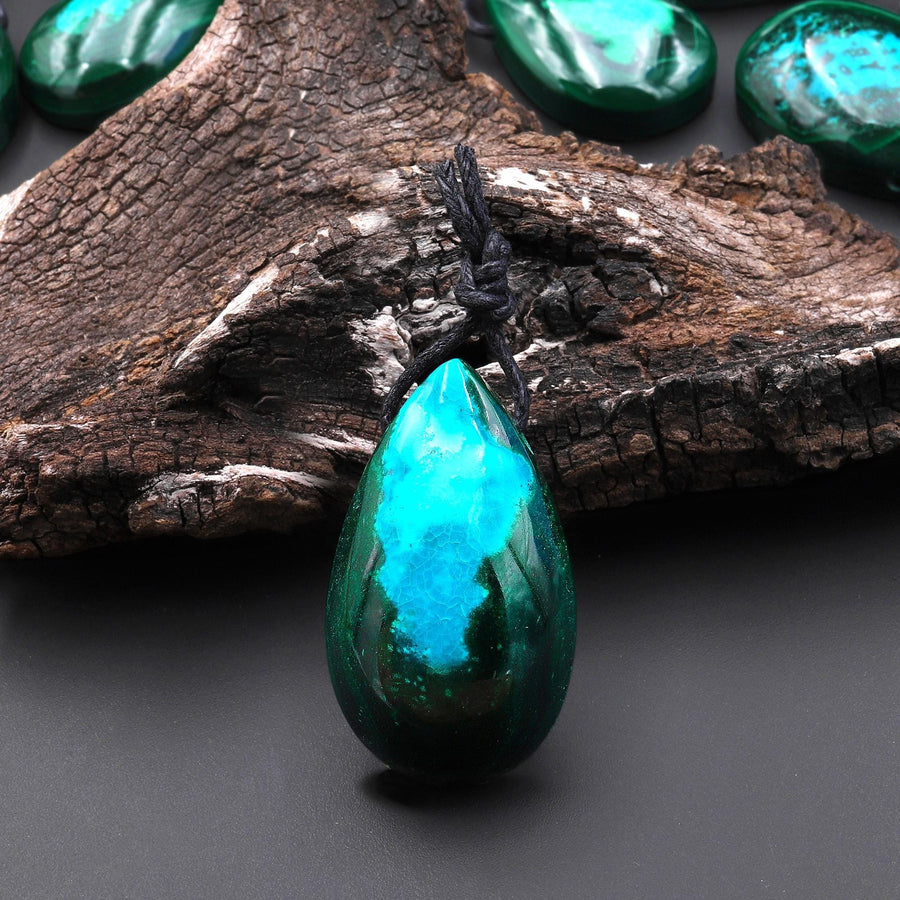 Rare Natural Hybrid Gemstone Blue Chrysocolla Green Malachite Side Drilled Teardrop Pendant