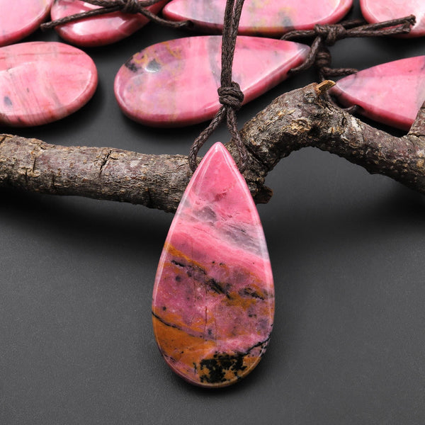 Natural Pink Rhodonite In Quartz Side Drilled Teardrop Pendant A3