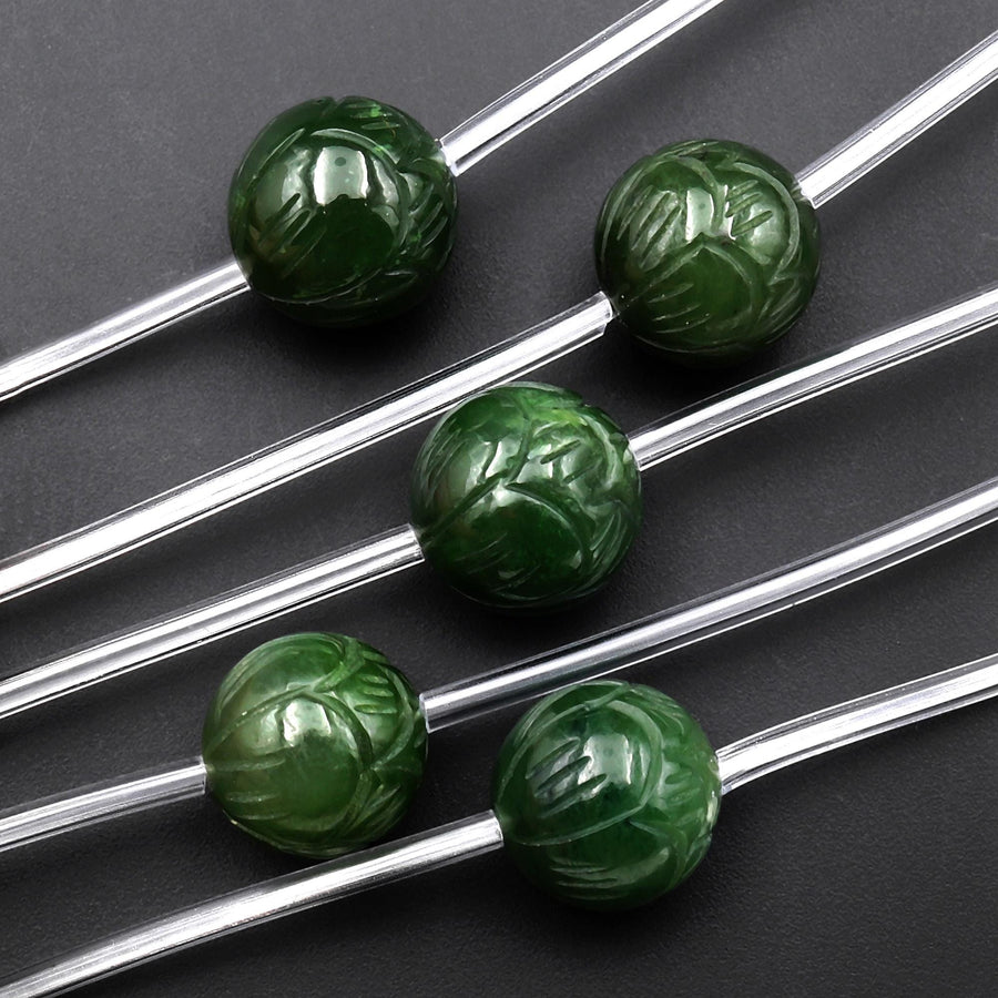 Hand Carved 3D Natural Green Canadian Jade Lotus Flower Gemstone Round Beads 10mm 12mm