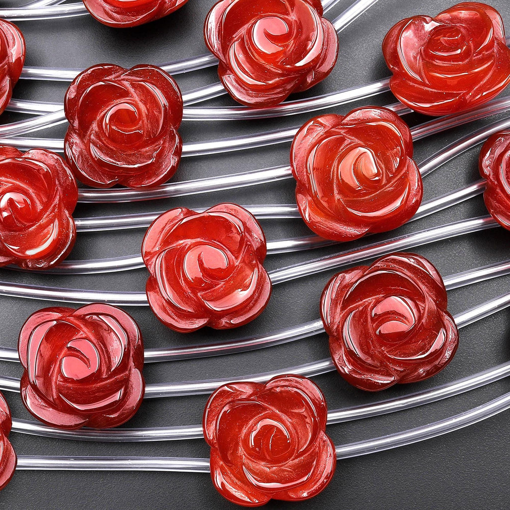 Double Drilled Natural Red Carnelian Hand Carved Rose Flower Gemstone Beads 20mm 8" Strand