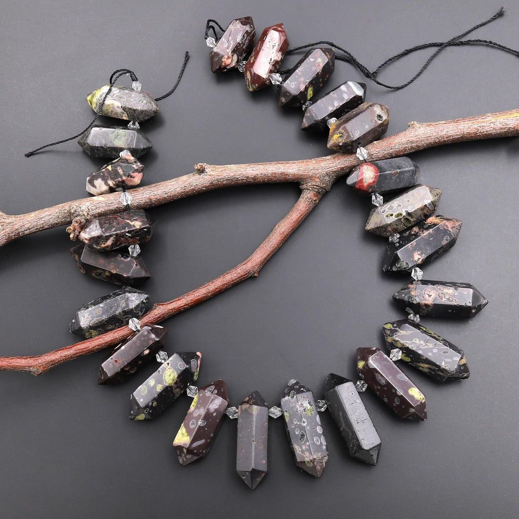 Natural Cherry Blossom Jasper Aka Flower Jasper Faceted Double Terminated Points Side Drilled Focal Pendant Beads 15.5" Strand A1