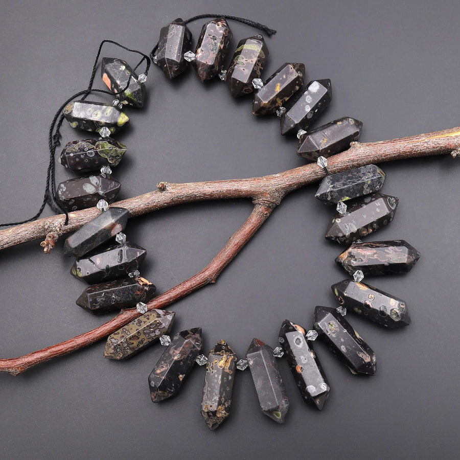 Natural Cherry Blossom Jasper Aka Flower Jasper Faceted Double Terminated Points Side Drilled Focal Pendant Beads 15.5" Strand