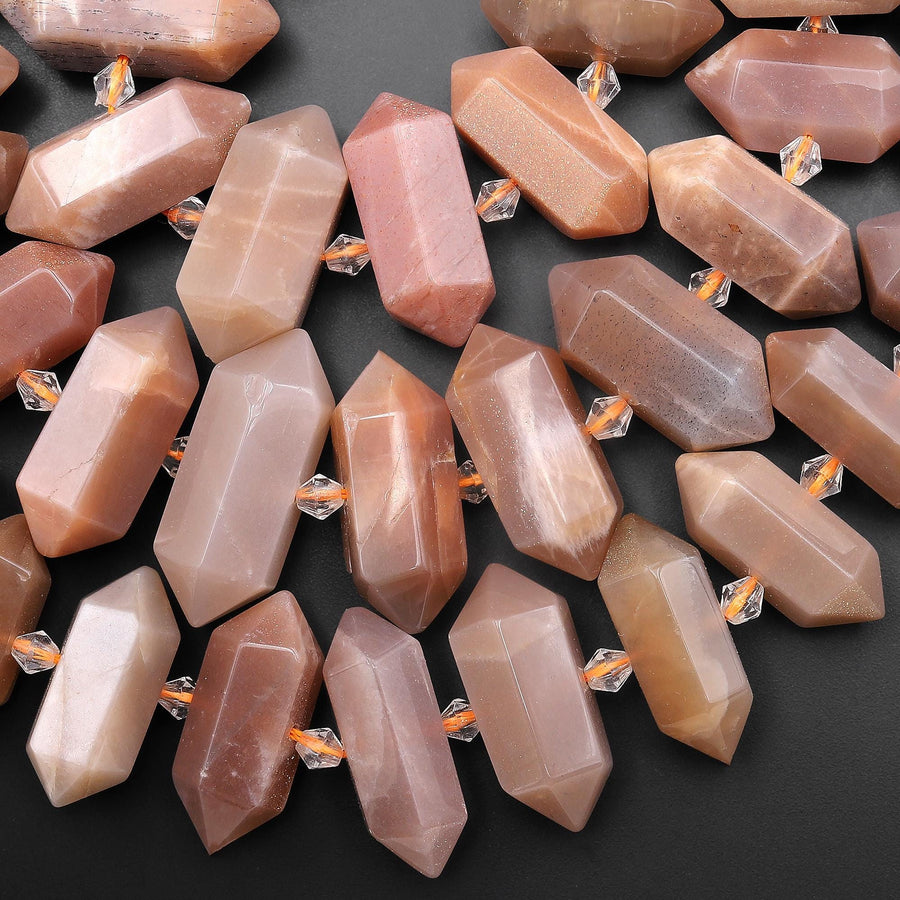 Natural Peach Moonstone Faceted Double Terminated Point Beads Center Drilled Gemstone 15.5" Strand