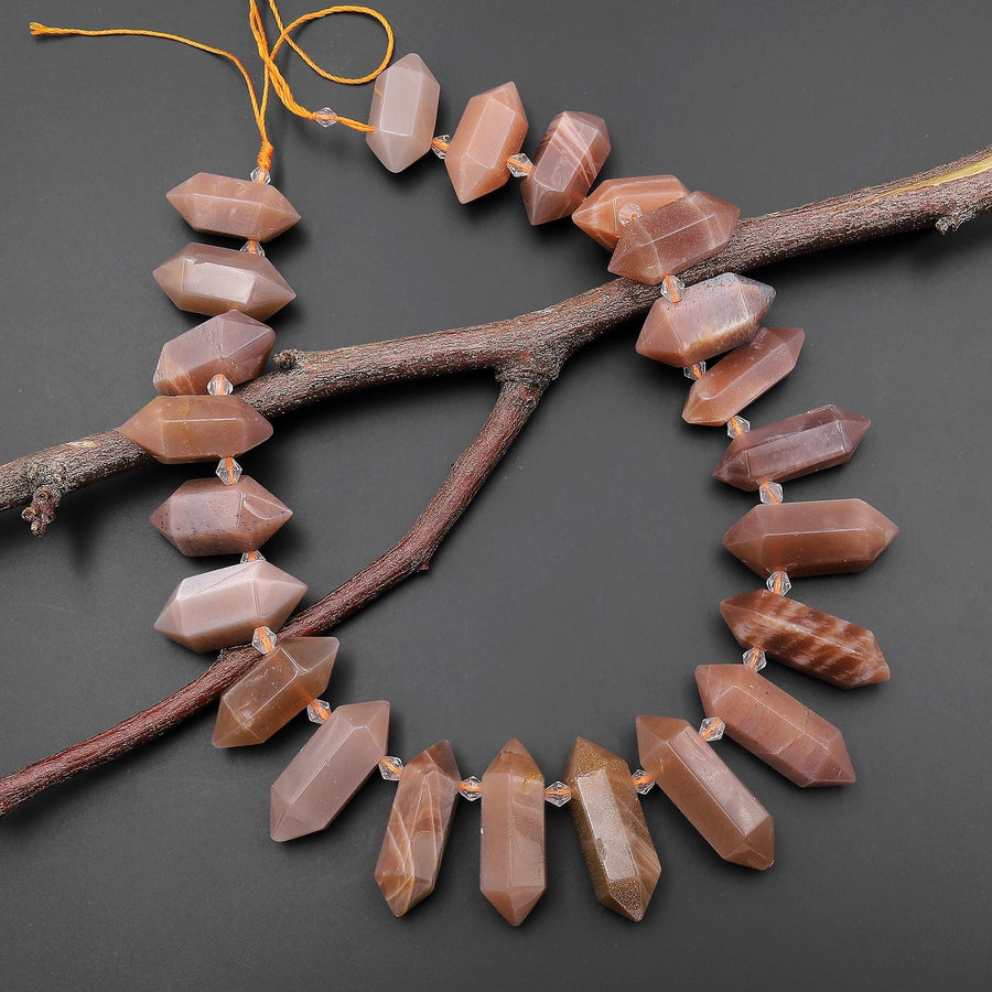 Natural Mauve Peach Moonstone Faceted Double Terminated Point Beads Side Drilled Gemstone 15.5" Strand