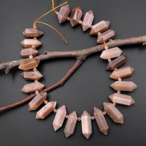 Natural Mauve Peach Moonstone Faceted Double Terminated Point Beads Side Drilled Gemstone 15.5" Strand A3