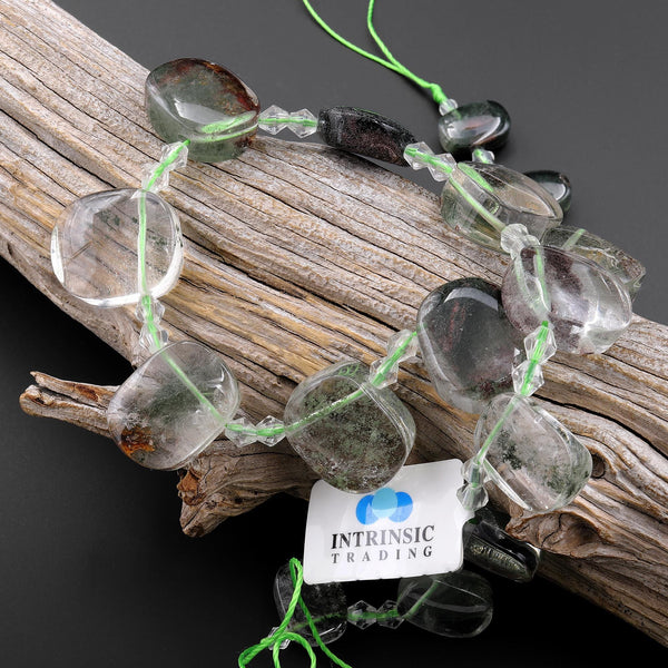 Natural Green Phantom Lodalite Quartz Oval Focal Pendant Beads Side Drilled Gemstone 15.5" Strand