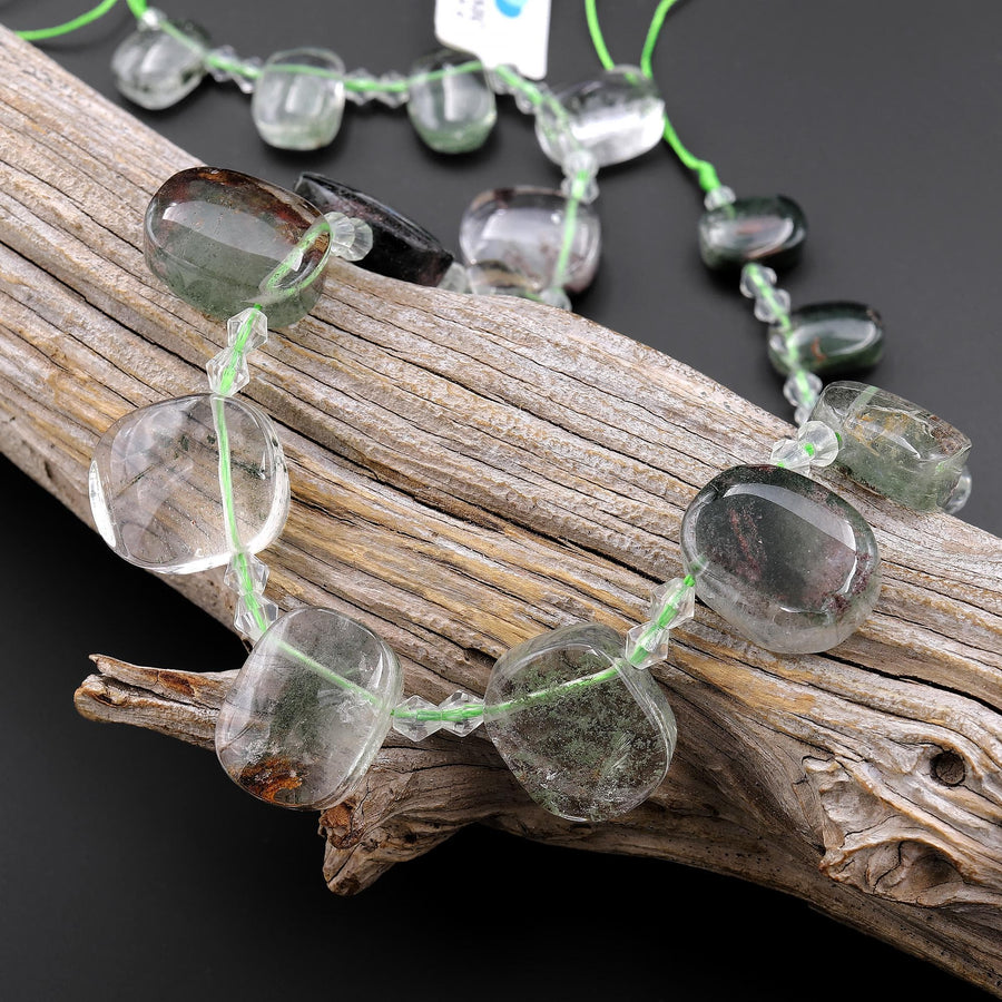 Natural Green Phantom Lodalite Quartz Oval Focal Pendant Beads Side Drilled Gemstone 15.5" Strand