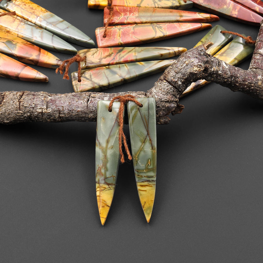 Natural Red Creek Jasper Dagger Triangle Earring Pair Drilled Matched Gemstone Bead Pair Aka Multicolor Picasso Jasper