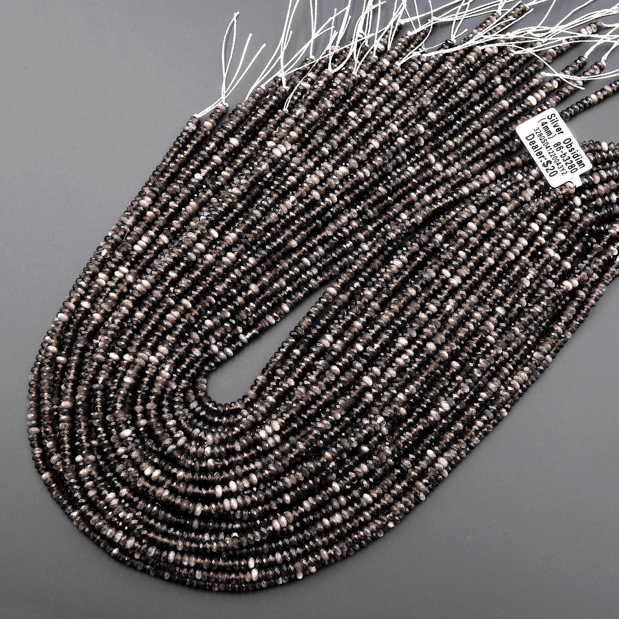 AAA Natural Silver Obsidian Faceted Thin Rondelle Beads 4mm 15.5" Strand