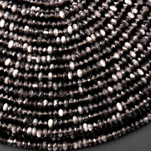 AAA Natural Silver Obsidian Faceted Thin Rondelle Beads 4mm 15.5" Strand