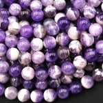 Natural Chevron Amethyst Beads 8mm 10mm 12mm Round Beads White Bands 15.5" Strand