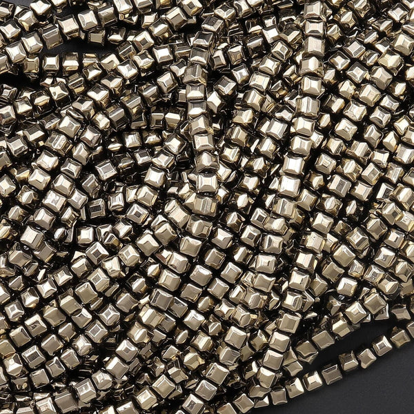 Faceted Titanium Pyrite 2mm 3mm 4mm 6mm Cube Dice Beads 15.5" Strand