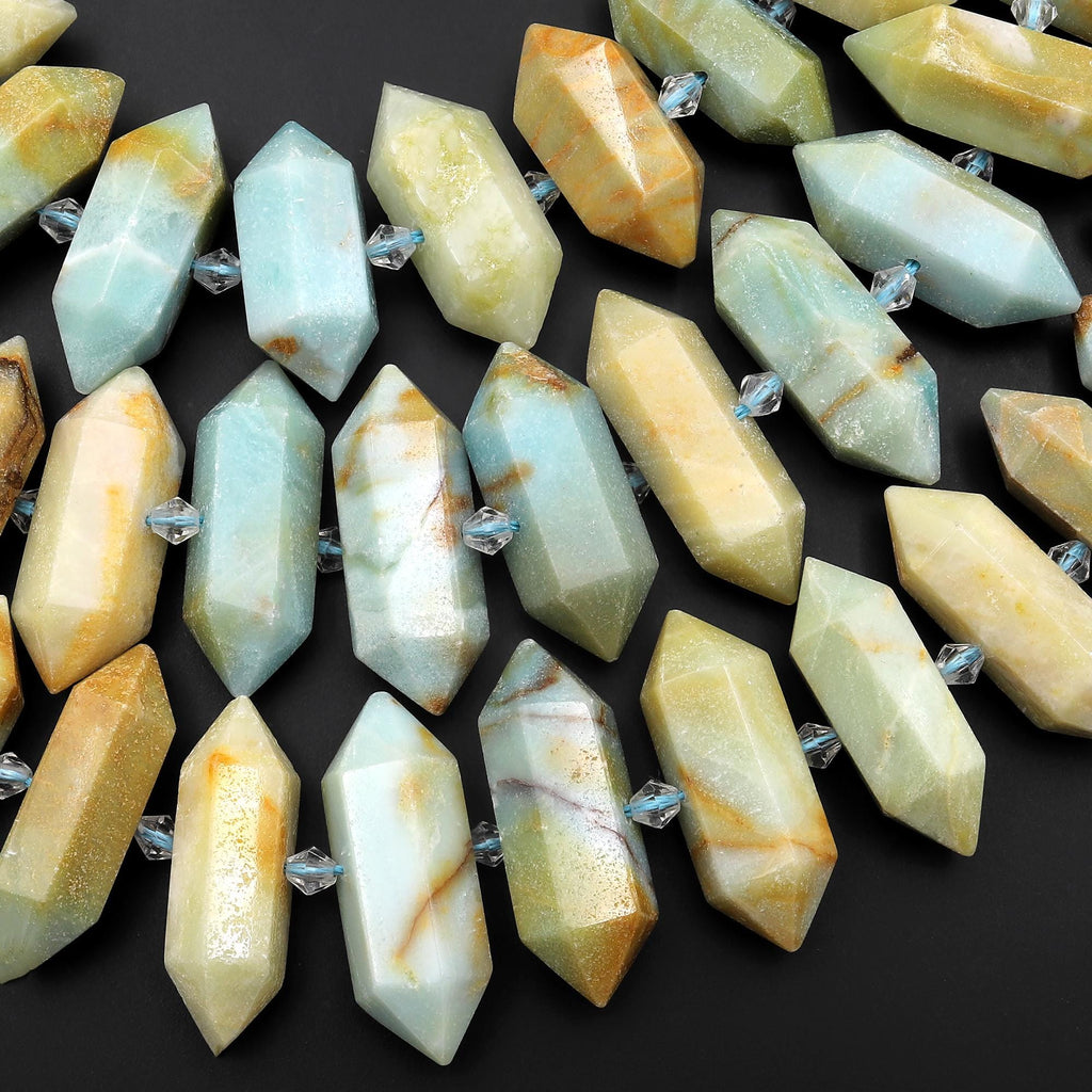 Faceted Double Terminated Natural Green Blue Yellow Amazonite Thick Points Center Drilled Gemstone Beads 15.5" Strand