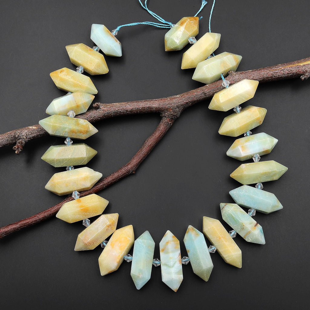 Faceted Double Terminated Natural Green Blue Yellow Amazonite Thick Points Center Drilled Gemstone Beads 15.5" Strand A1