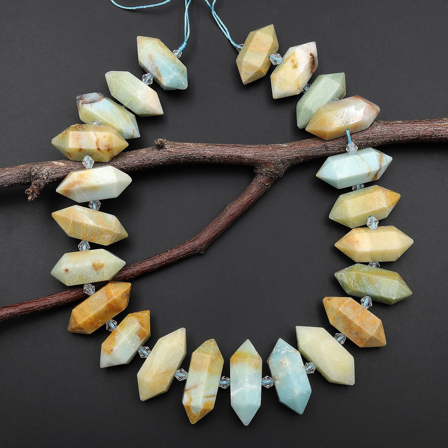 Faceted Double Terminated Natural Green Blue Yellow Amazonite Thick Points Center Drilled Gemstone Beads 15.5" Strand