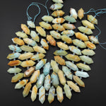 Faceted Double Terminated Natural Green Blue Yellow Amazonite Thick Points Center Drilled Gemstone Beads 15.5" Strand