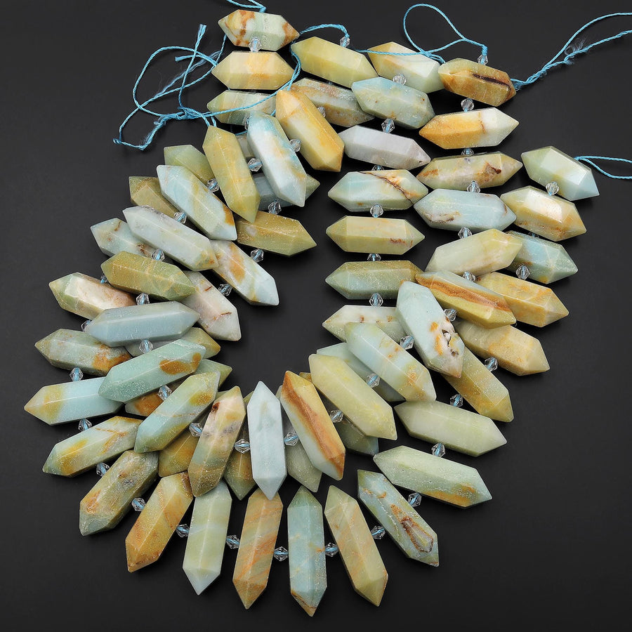 Faceted Double Terminated Natural Multicolor Amazonite Points Center Drilled Gemstone Beads 15.5" Strand