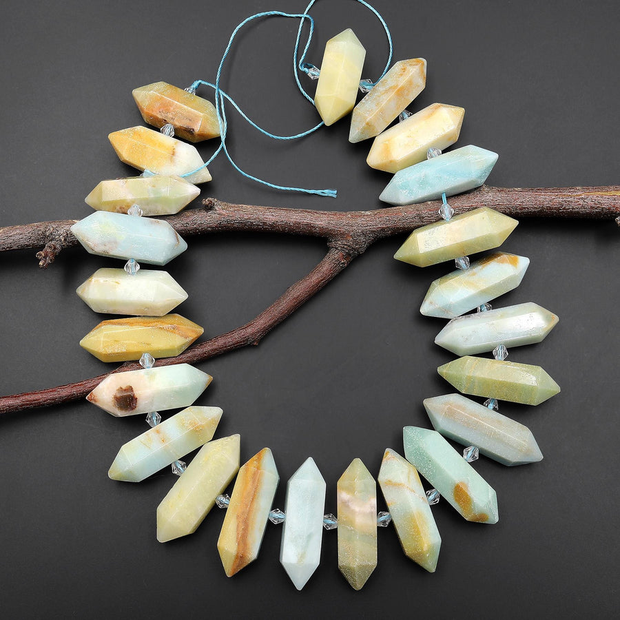 Faceted Double Terminated Natural Multicolor Amazonite Points Center Drilled Gemstone Beads 15.5" Strand