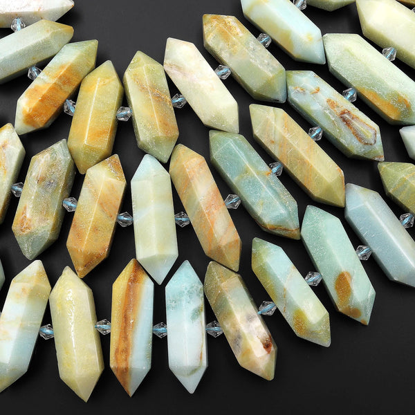 Faceted Double Terminated Natural Multicolor Amazonite Points Center Drilled Gemstone Beads 15.5" Strand