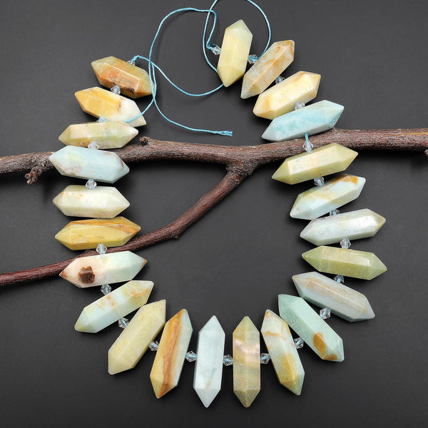 Faceted Double Terminated Natural Multicolor Amazonite Points Center Drilled Gemstone Beads 15.5" Strand A2