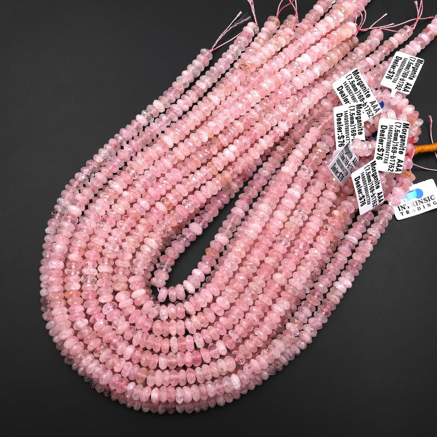 AAA Faceted Natural Pink Morganite Aquamarine Beryl Rondelle Beads 7mm 8mm 10mm 15.5" Strand